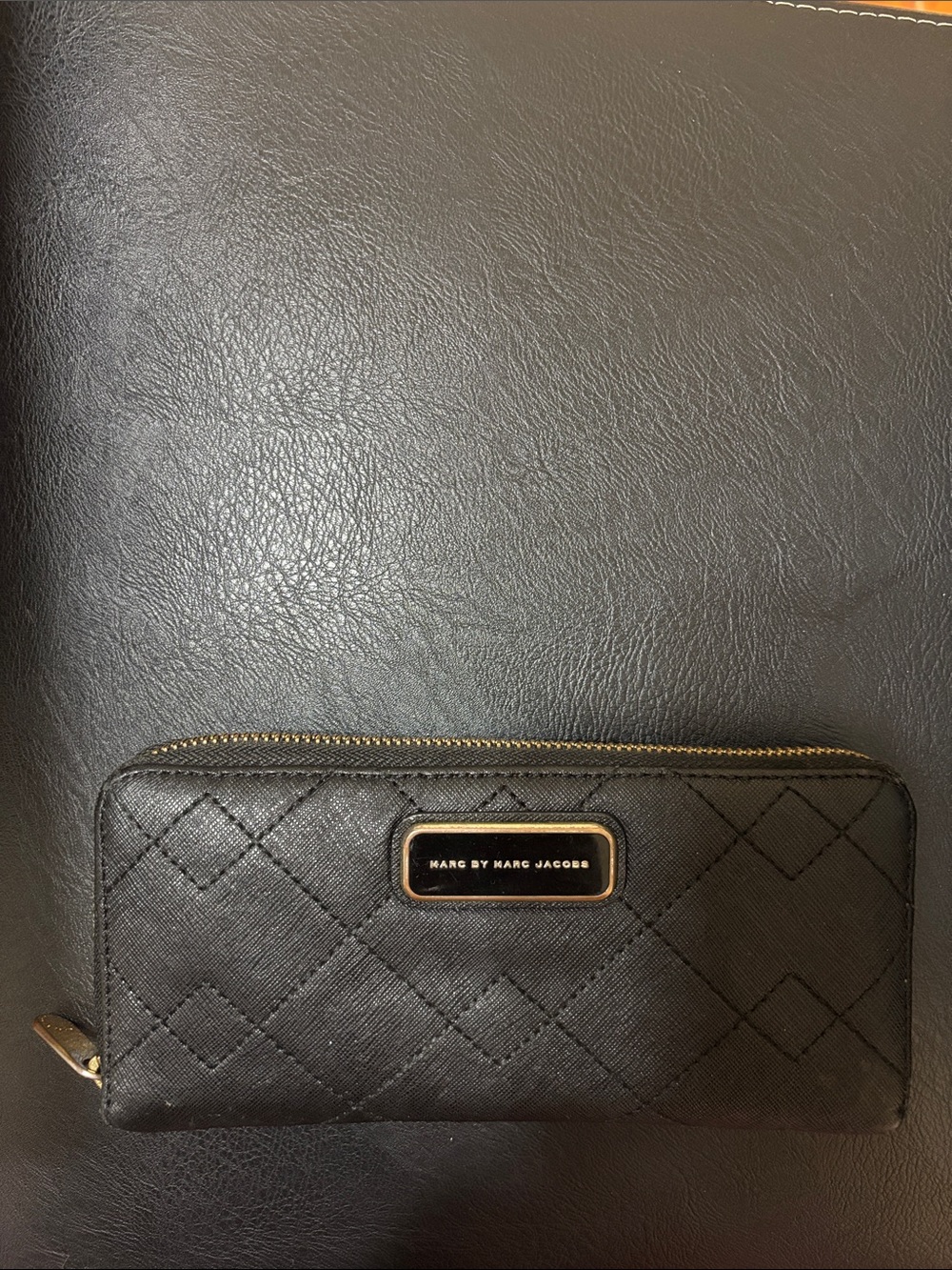 Marc By Marc Jacobs Black Quilted Zip-Around Wallet with Gold Trim